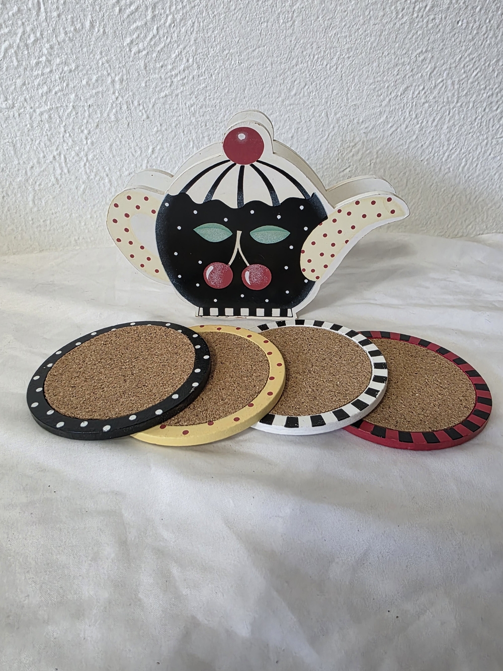Mary Engelbreit Cherry Teapot Coaster Set in Black, Red, White, Yellow
